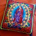 Virgen de Guadalupe, Blue, Raw Silk Pillow With Red And Yellow Ric Rac Ribbon.