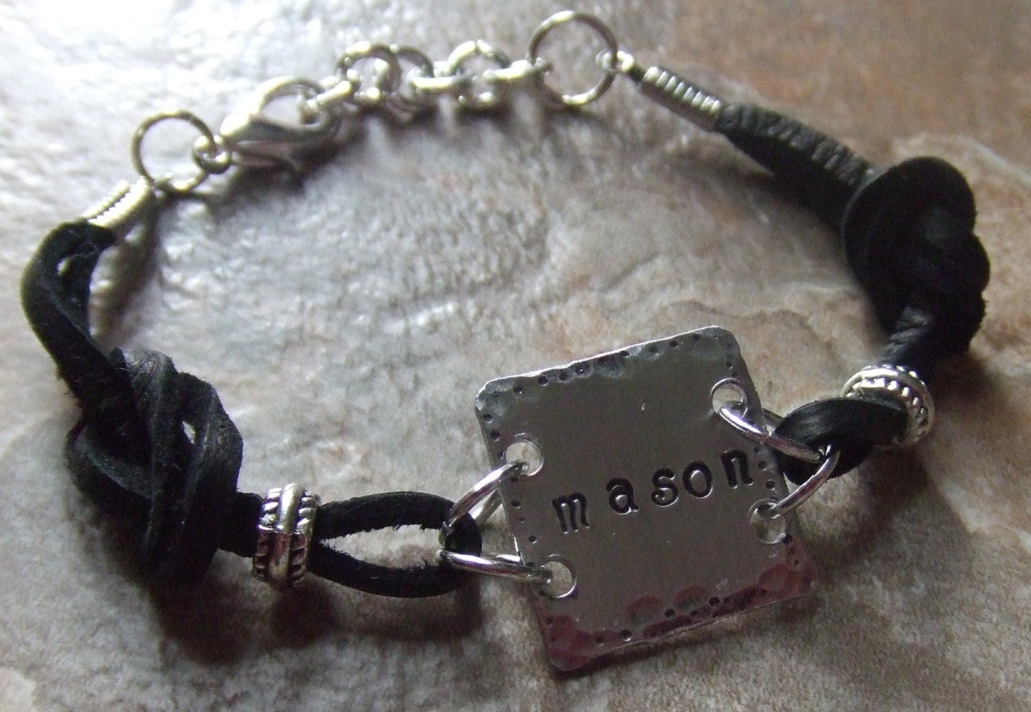 Hip- Mom Leather Handstamped  Silver Bracelet