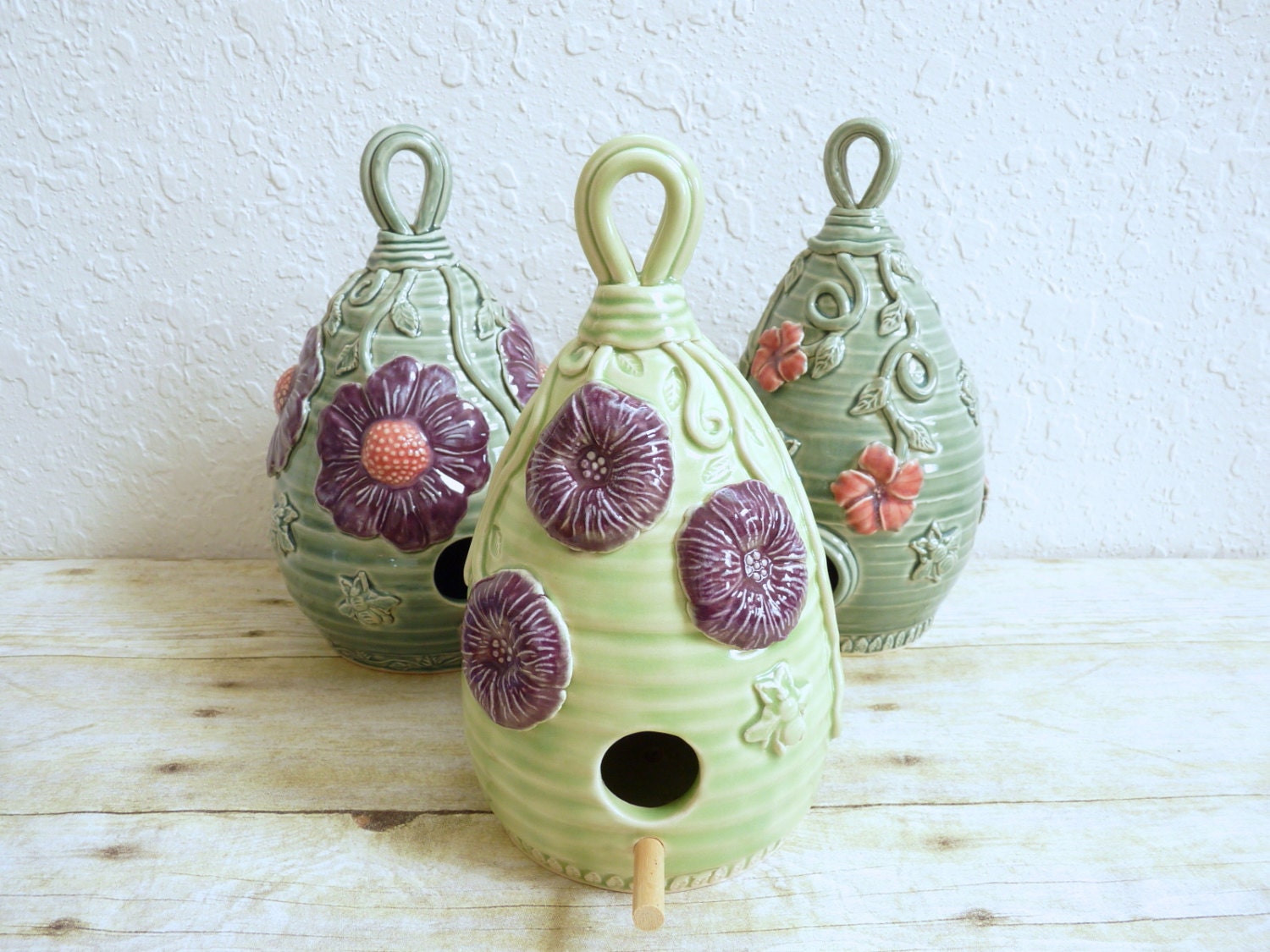 Ceramic Birdhouse Handmade Purple Poppy Flowers Lime Green Garden Art Gardening Decor Summer Whimsy