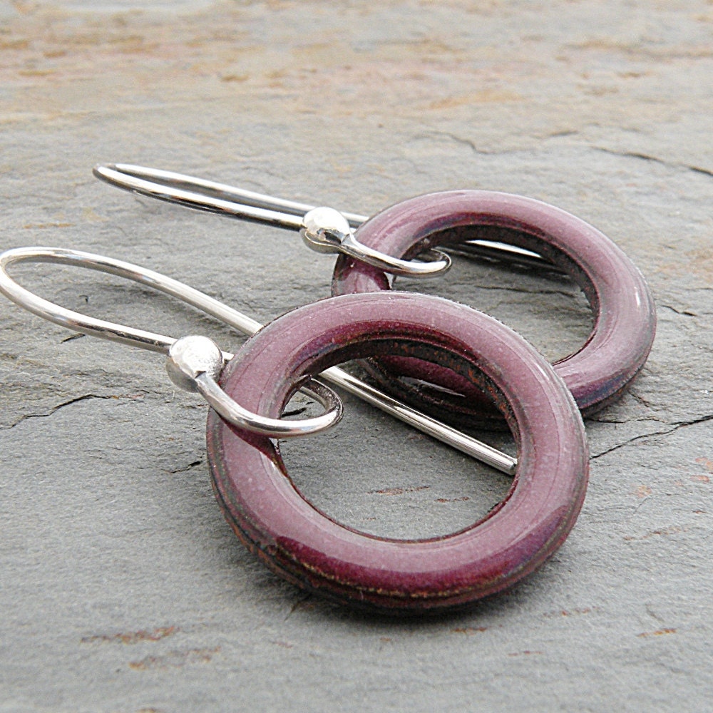 Purple Enamel Circle Earrings, Torch Fired, Copper, Sterling Silver