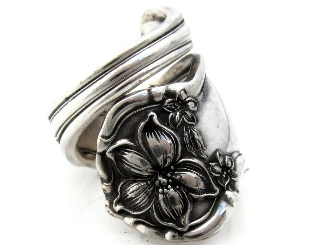 Silver Art Nouveau Orange Blossom Size 7 Wrapped 1910 Floral Rogers Spoon Ring Silverware Antique