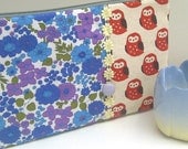 Sweet Owls and Vintage Blue Flowers Zip Pouch, Vintage Floral Fabric Purse or Pencil Case