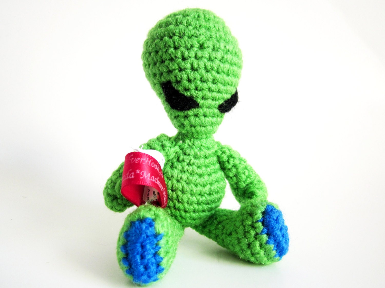 Sci Fi Alien Doll RATTLE: Handmade Green Alien Toy in Bright Green, Blue and Black Washable Yarn  - Crocheted, Designed by The Silver Hook