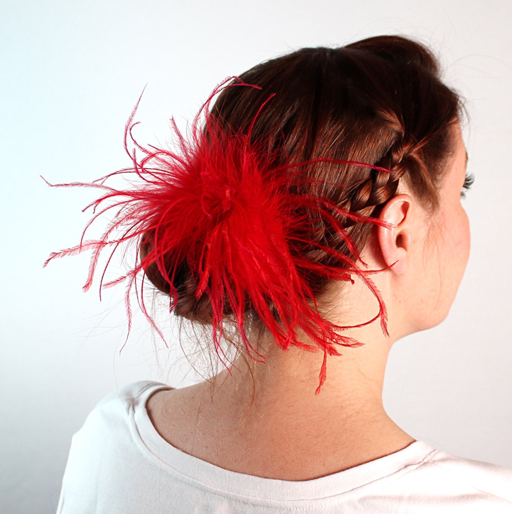 Red ostrich puff hair clip - feather hair clip - red hair clip