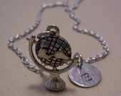 Personalized World Globe Charm Necklace,  World Travel Initial Necklace, Hand Stamped Monogram, Personalized Jewelry - Silver Plated Pewter