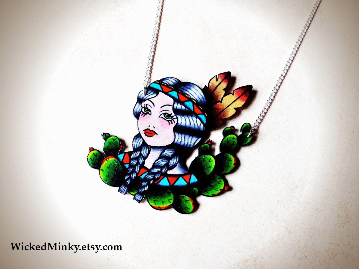 VintageTattoo Indian Native American Gypsy PinUp Girl day of the dead dia de los muertos sugar skull necklace with Silver Plated Chain