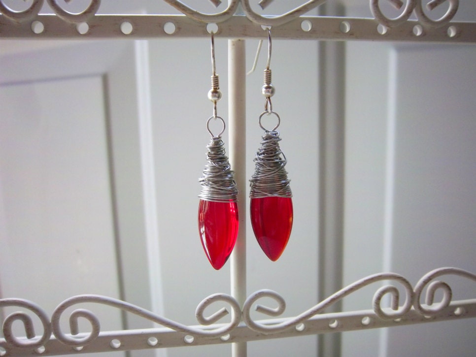 Silver Wire Wrapped Red Glass Earrings
