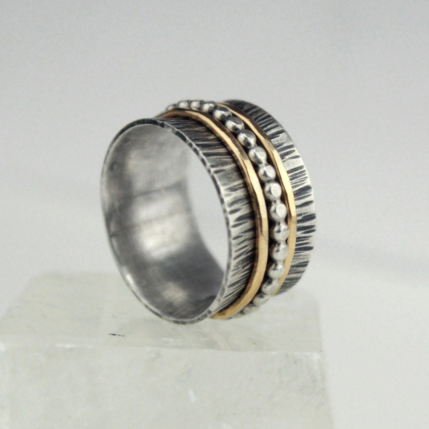 Gold and Silver Meditation Ring, Beaded Band Spinner Ring