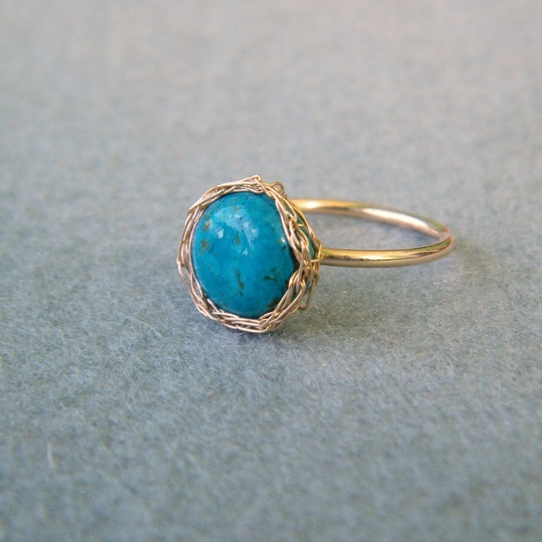 SALE 30% OFF - Gold Turquoise Ring, Gold Gemstone Ring, Crochet Gold Wire, Wire Crochet Ring, Size 6, 7