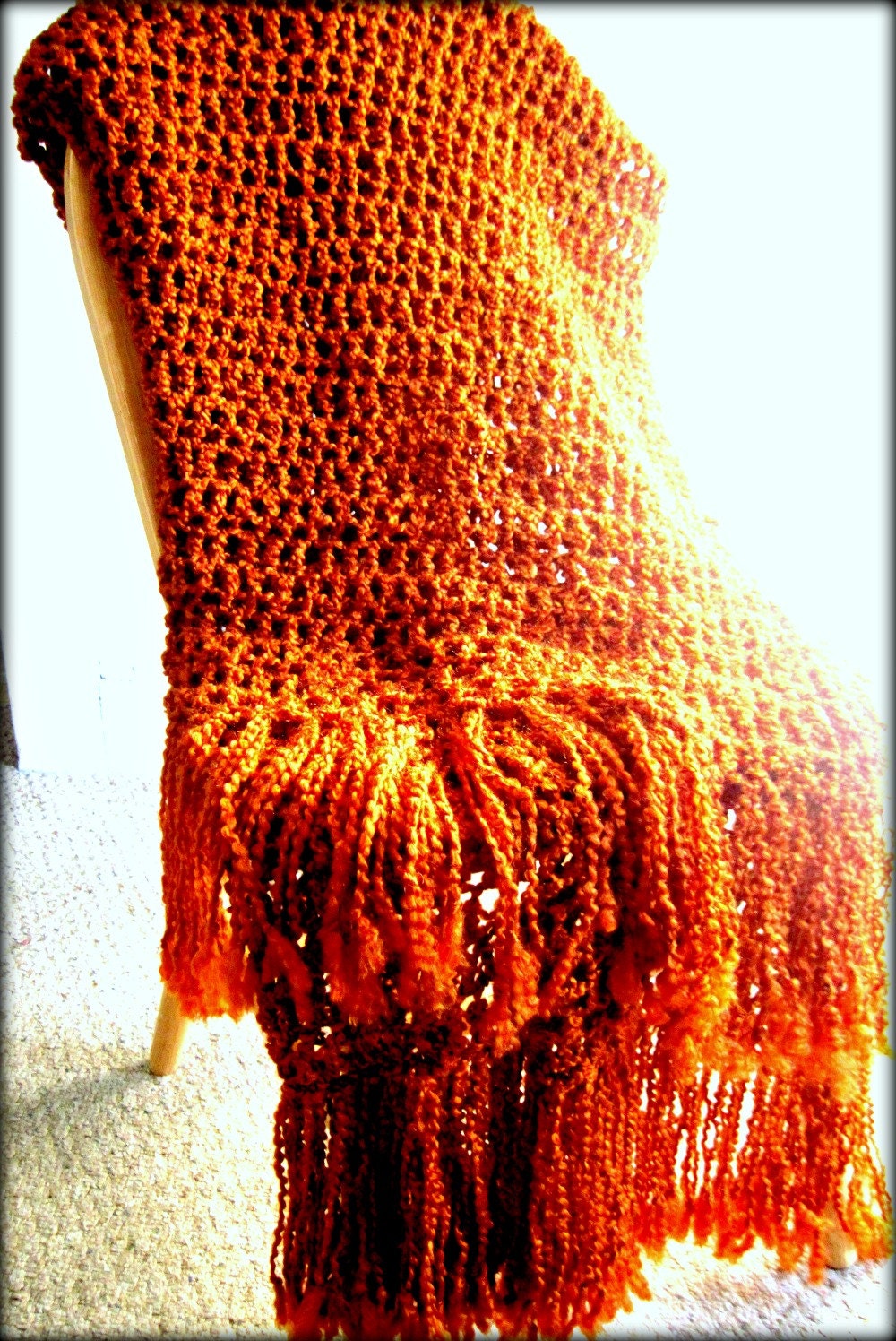 Throw Blanket Crocheted with Fringe, Burnt Orange, Blanket, Afghan, Home Decor, Rust Interior Palate, Warm Rich Color-