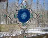 Stained Glass Suncatcher, Blue Agate, Bevels, Teal Nuggets, and Wire