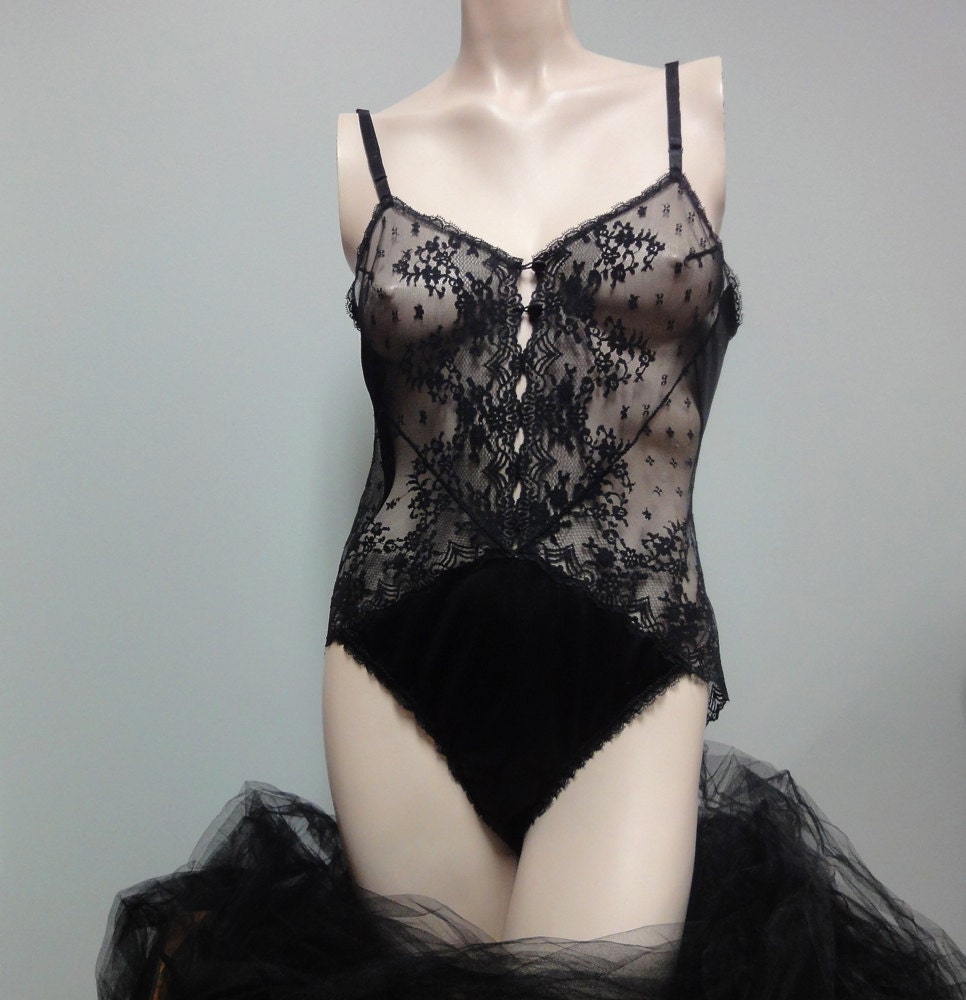 Vanity Fair 70s Black Teddy, Brazilian High Leg, Lace, Nylon, Size 36