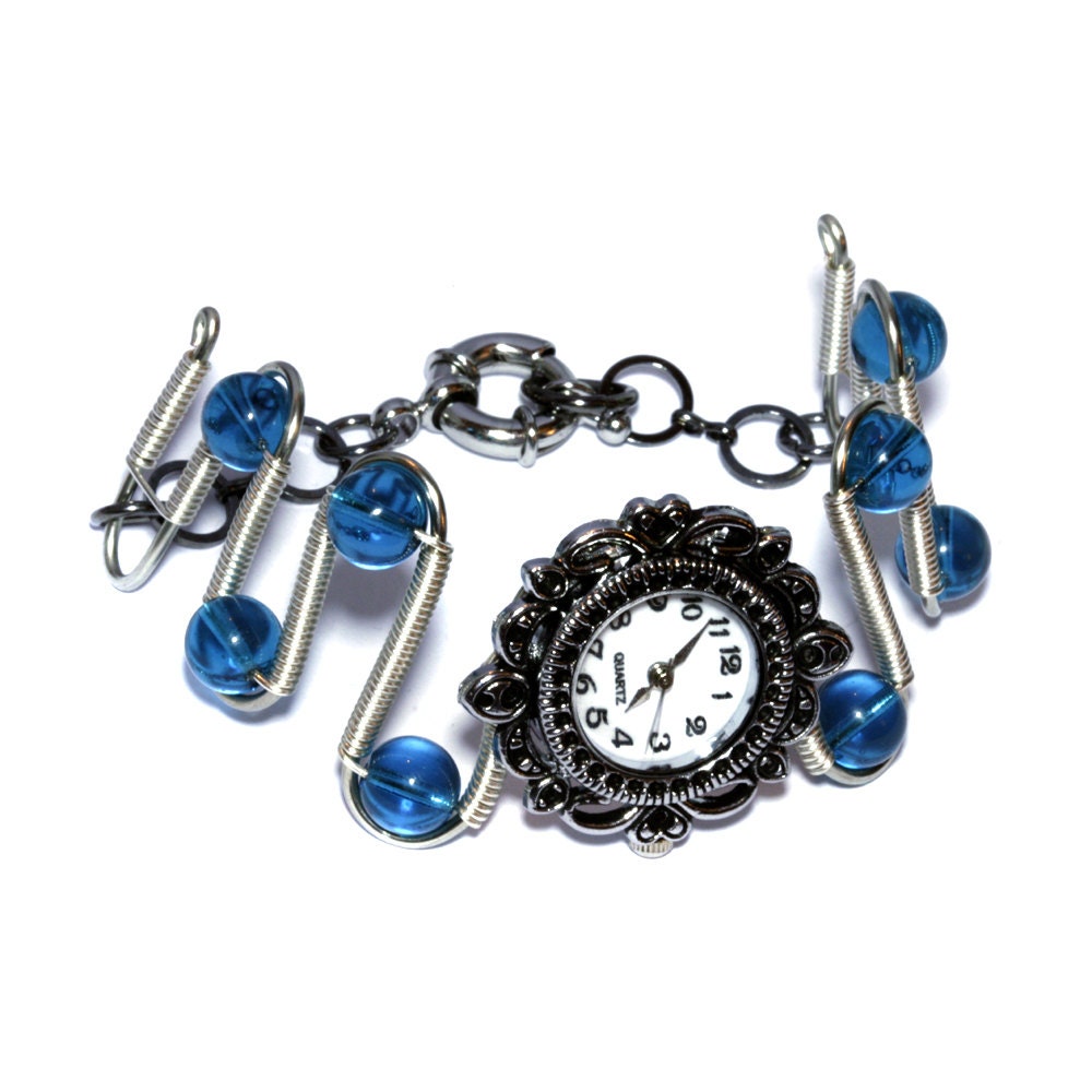 Neo Victorian Jewelry - Silver Tone-  Working watch bracelet - Dark Blue Aqua