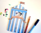 DIY Circus Tent Birthday Card Printable PDF Tattooed Lady Paper Puppet for Children, for Paper Play, Unique Fun, Blue, Stripes