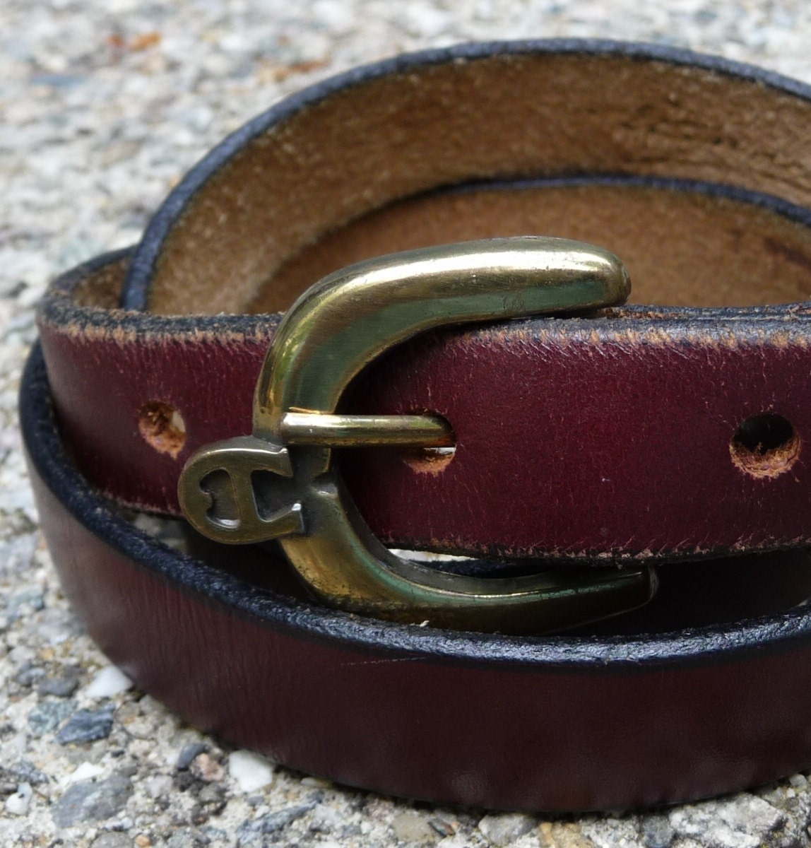 narrow Etienne Aigner Leather Belt - Oxblood Reddish Brown - Skinny Thin - Vintage 1970s Designer Womens - Gold Brass Buckle - 33 34 35