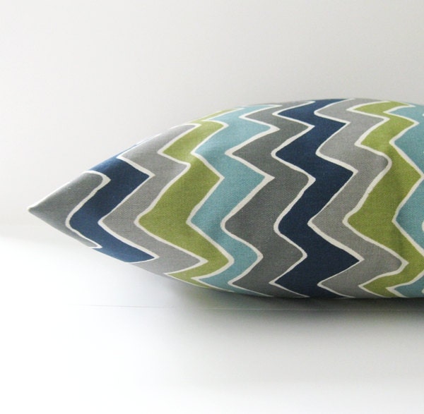 Zig Zag Lumbar Pillow Cover Blue green Decorative Couch Pillow 16x20