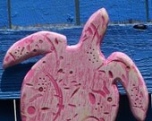 Sea Turtle in Pinks and White 10in Heavily Distressed Wood Tropical Beach Cottage Coastal Fun Decor