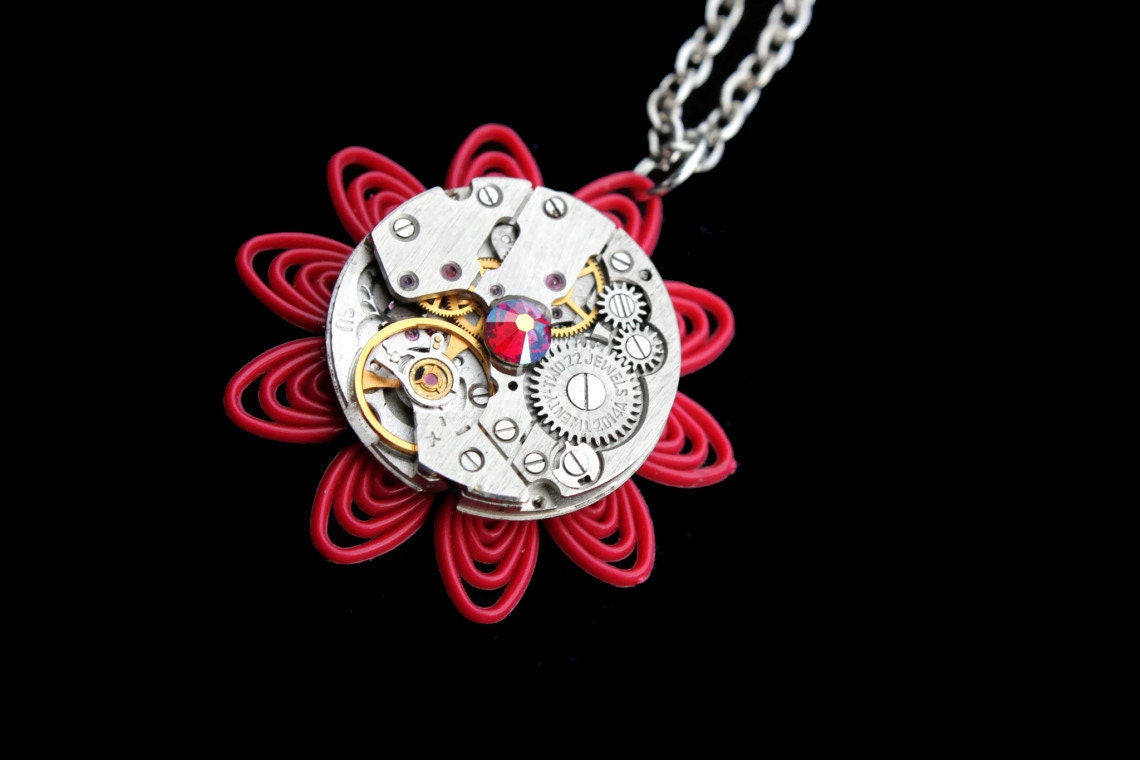 Steampunk Necklace- Industrial Wedding- Luxury Statement- Silver Clockwork- Vintage Watch Movement- Swarovski- Filigree- tasherajean- SPN39