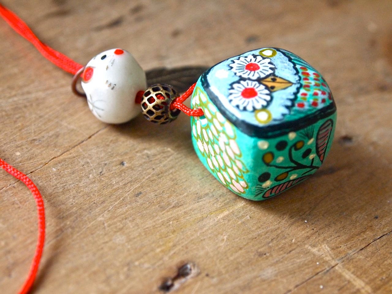 Owl cube painted clay necklace wearable art