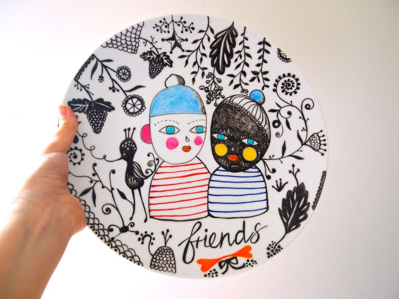 Hand painted Bird serving plate friends
