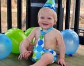 Baby Boy Toddler First Birthday Diaper Cover, Tie & Party Hat -- MM Caribe Lime Disco Dots  Photo Prop