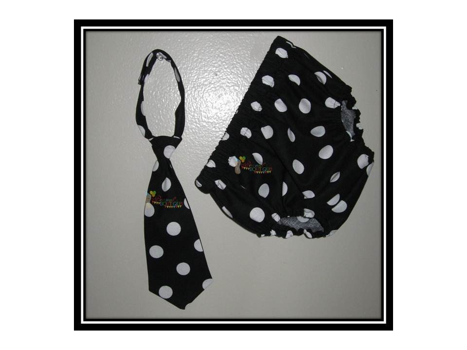 Baby Boy Toddler First Birthday Diaper Cover and Tie Outfit in Black and White Polka Dot NB - 24M  Photo Prop