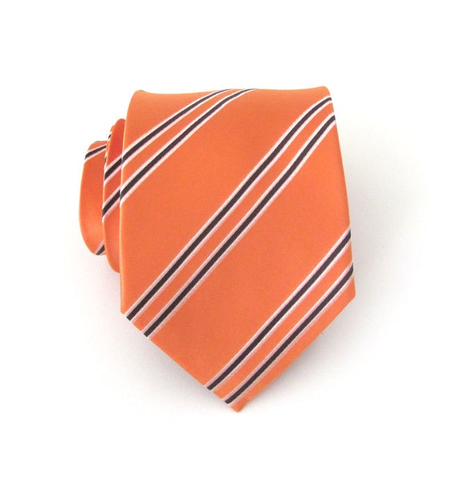 Mens Tie Orange Black White Stripes Silk Necktie