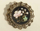 Antique Pietra Dura Brooch Vintage Edwardian Floral Mosaic Marquetry Inlay Pin