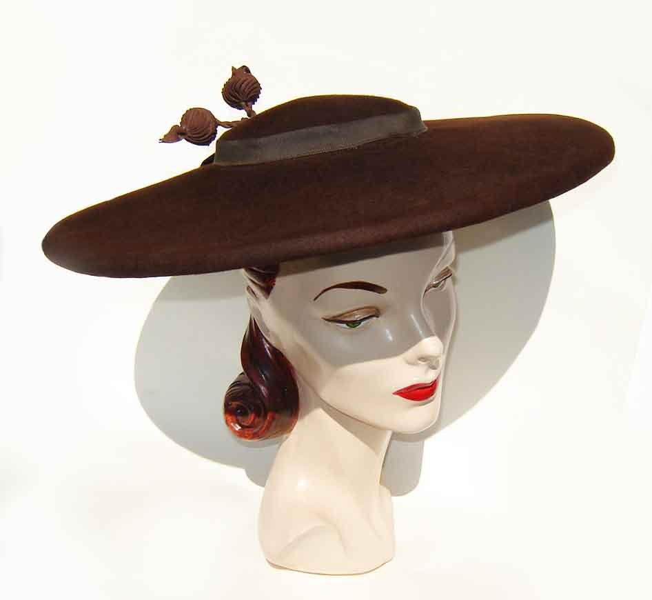 Vintage 40s Hat Brown Platter Cartwheel Pancake Wool Felt & Floral Trim