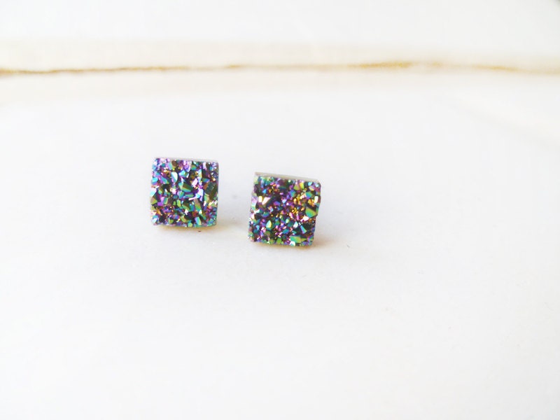 E L I X I R - tiny rainbow titanium druzy stud earrings square cut
