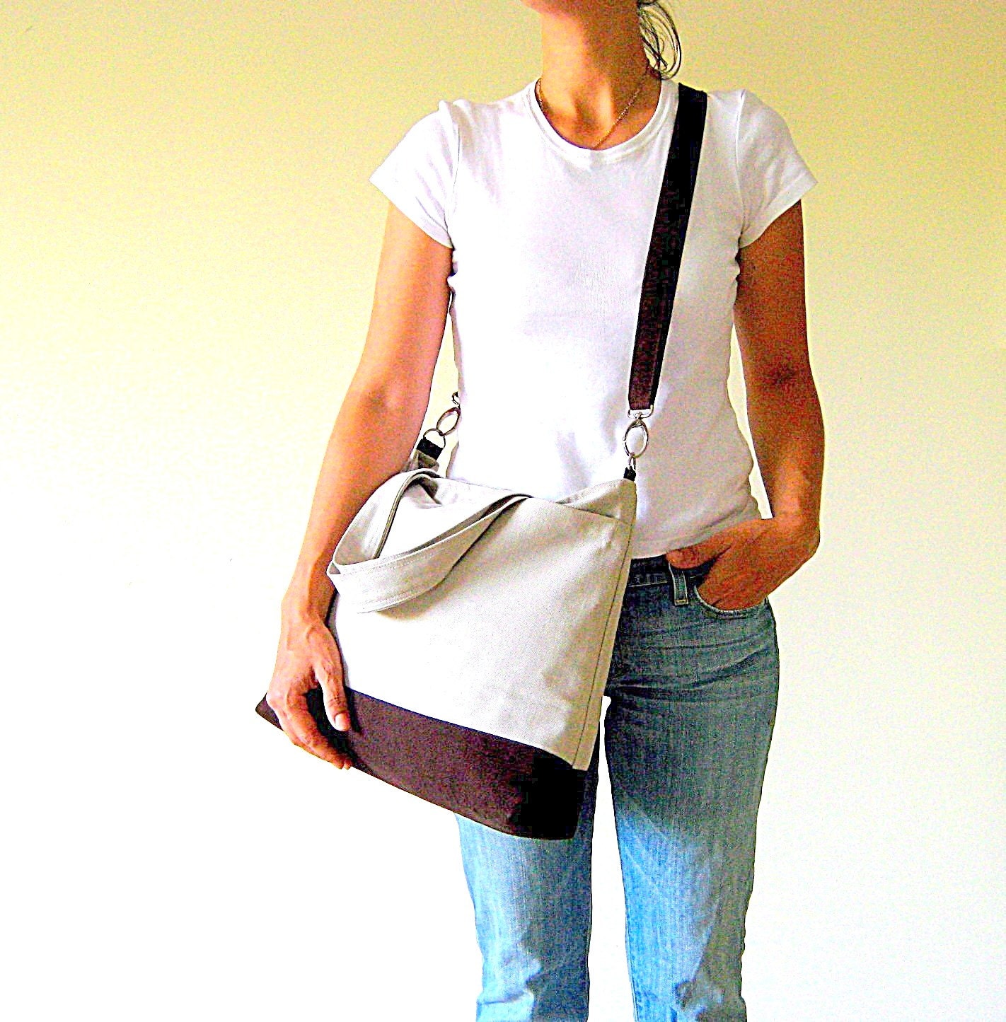 Worthy Bag in Khaki with Chocolate Brown -- UNISEX -- gift idea for him or her / tote / spring summer / woodland / nature / laptop Bag