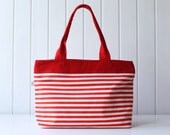 Hey Sailor.. Red / White Thin Stripes Tote Bag / Beach Bag / ZIPPER TOP CLOSURE / Diaper Bag, Laptop Bag, Large, Medium / Spring Summer