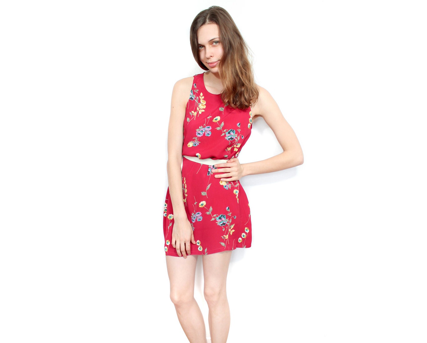 Red floral dress belted vintage Medium