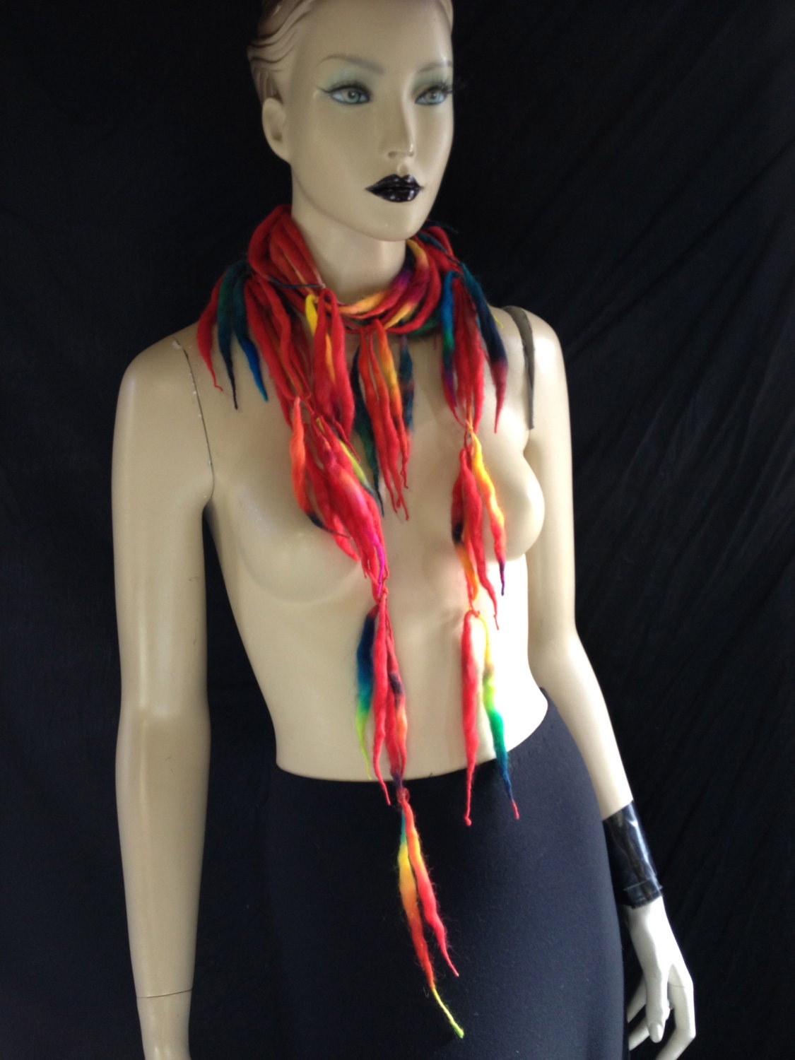 Rainbow Colors Hand Dyed & Pulled Soft Wool Fringe Lariat Scarf Scarflette Warm Breathable Natural Fantasy Hippie Boho Wearable Art