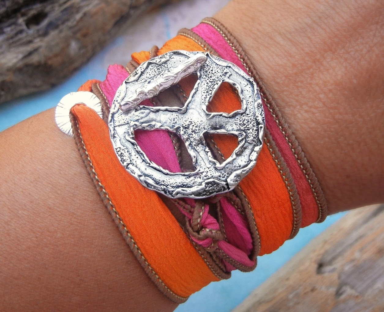 Peace Sign Jewelry, Peace Sign Wrap Bracelet, STERLING Silver Jewelry, Hippie Jewelry Boho Bracelet, Boho Fashion, Peace Silk Wrap Bracelet