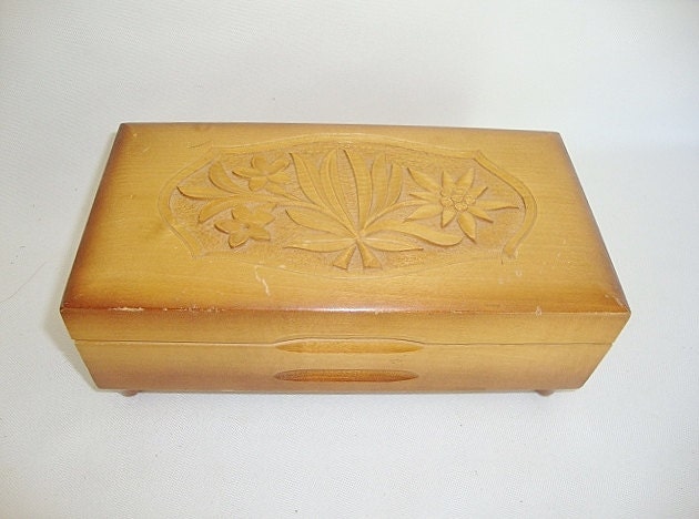 vintage carved wood music box trinket box