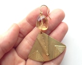 Geometric Metallic Yellow Citrine Gemstone Earrings Deco Brass Fans, Simple Modern Fashion Earrings