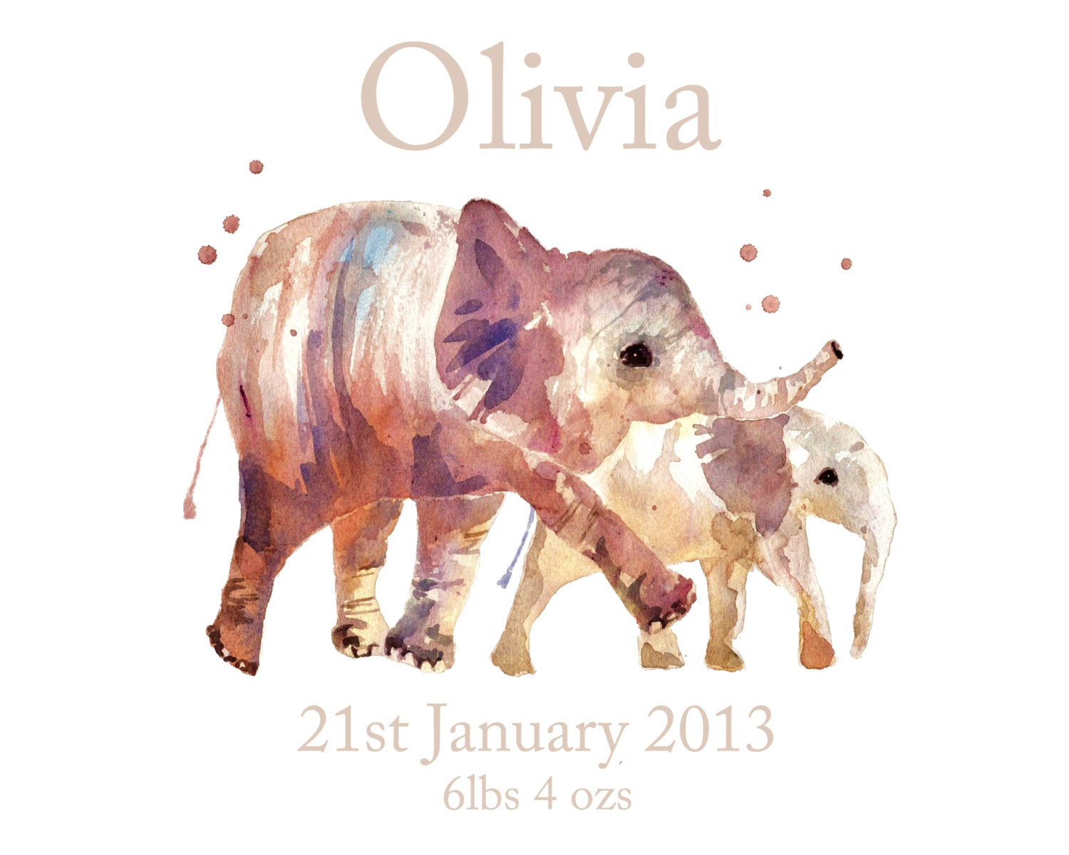 Elephant Art, Baby Announcement Print, Custom birth announcement. elephant baby print, elephant art, birth print