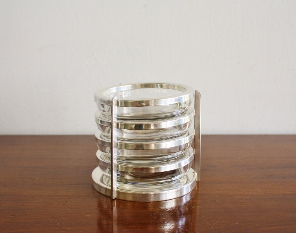 Vintage set of 4 silver trimmed glass coasters