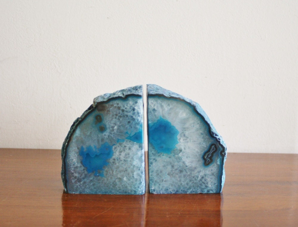 Midcentury blue agate quartz bookends