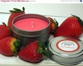 ON SALE Strawberry Soy Candle, 4oz travel tin, pink, strawberry scented candle
