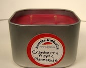 ON SALE Cranberry Apple Marmalade, Soy Candle, 8 oz, Scented Candle, square, tin, hemp wick, maroon, winter, festive