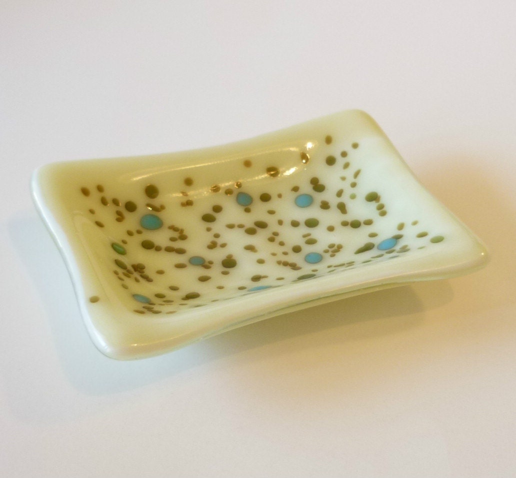 Fused Glass Soap Dish  Turquoise Moss Green on Cream