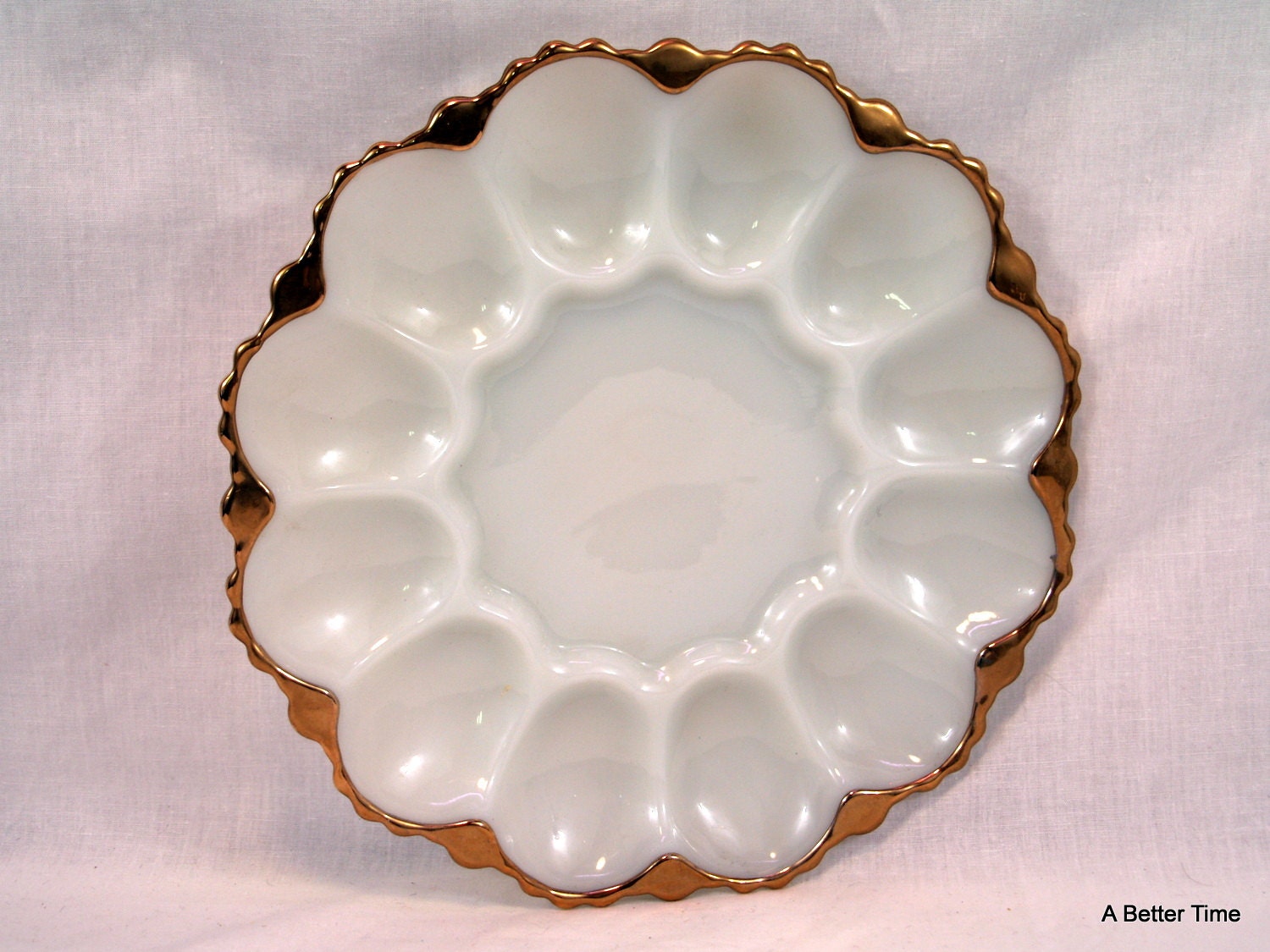 Vintage Fire King milk glass gold trim deviled 12 Egg tray plate platter