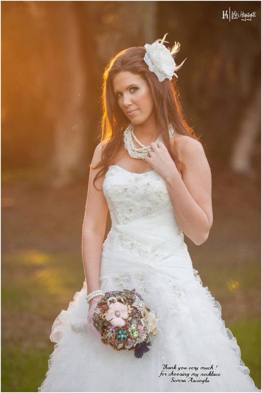 Chunky Layered Ivory Pearl Necklace with Rhinestones brides bridesmaids