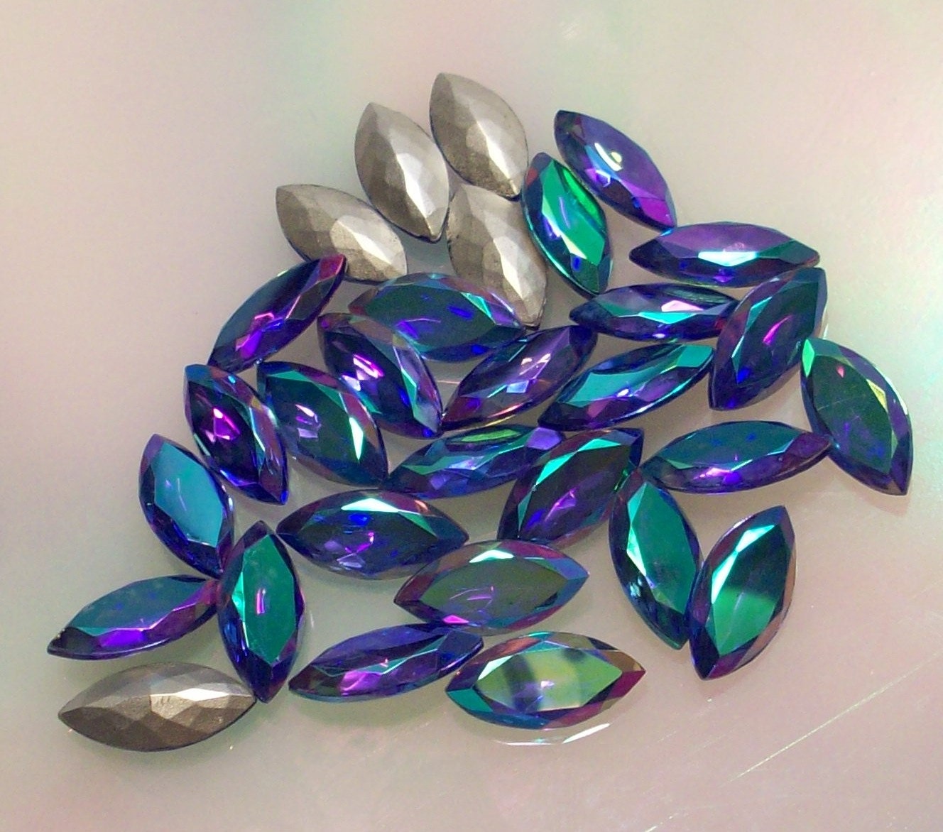 6 Vintage Sapphire AB West German Multi Faceted 15x7mm Glass Navettes