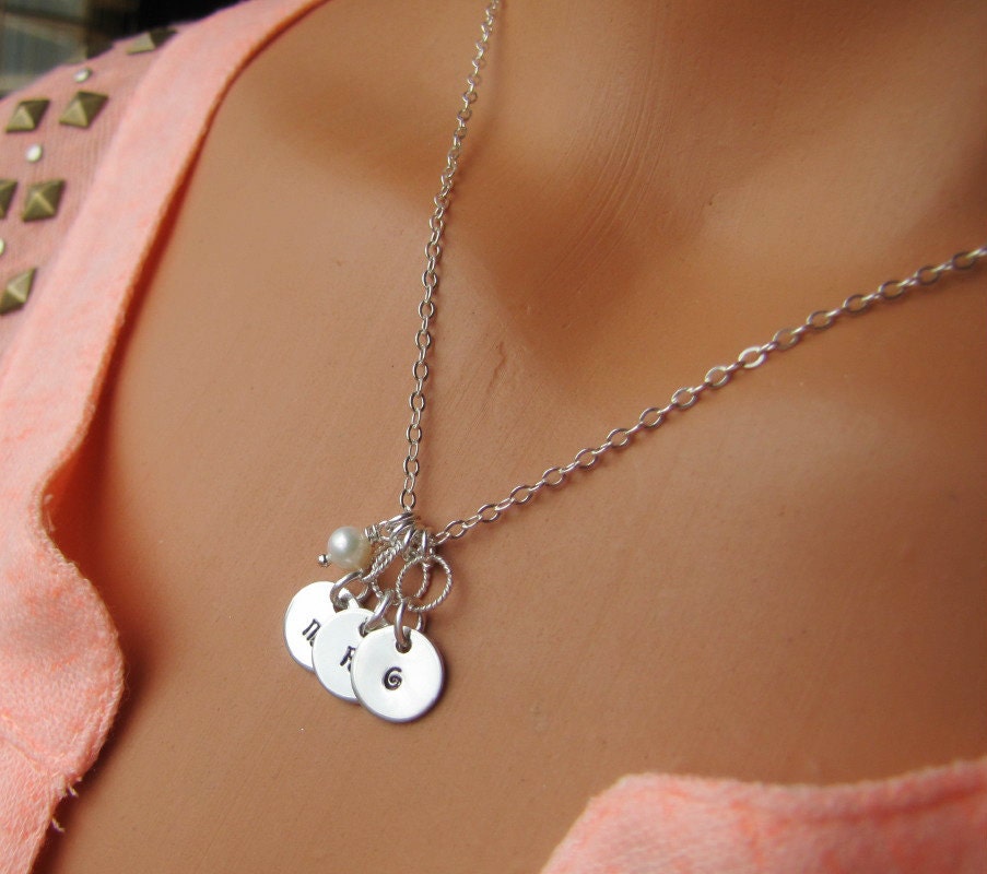 Personalized Initial Necklace With Pearl, Three Initials, Sterling Silver Monogram Jewelry, Custom Initial, Hand Stamped, Tag, Disk,