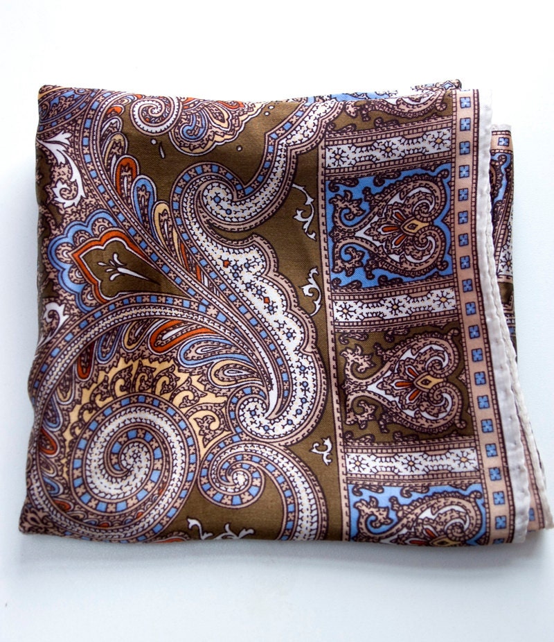 Vintage Scarf Rayon Silky PAISLEY Large Square Scarf Olive Green 1960s