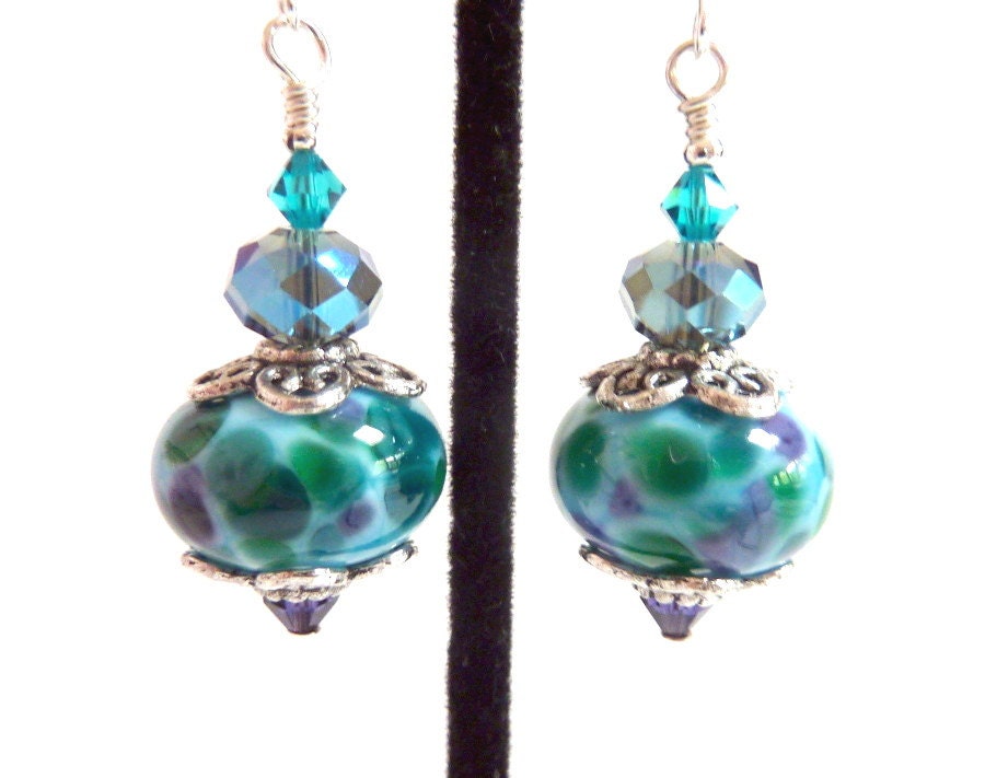 Aqua Spotted Lampwork Earrings, Blue Purple Lavender Green Teal Zircon Glass Beaded Earrings, Handmade Lampwork Beads, Colorful