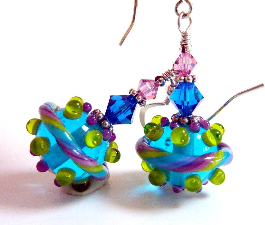 Blue Green Glass Earrings, Lime Purple Pink Teal Glass Beaded Earrings,Colorful Handmade Lampwork, Fun, Sterling Silver, Blue Satellites